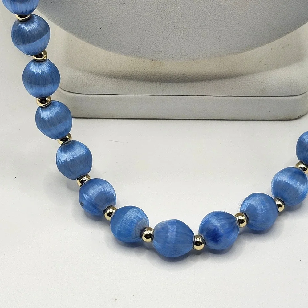 Vintage Blue Satin Silk Thread Wrapped Bead Necklace Gold Tone Spacers Korea NOS
